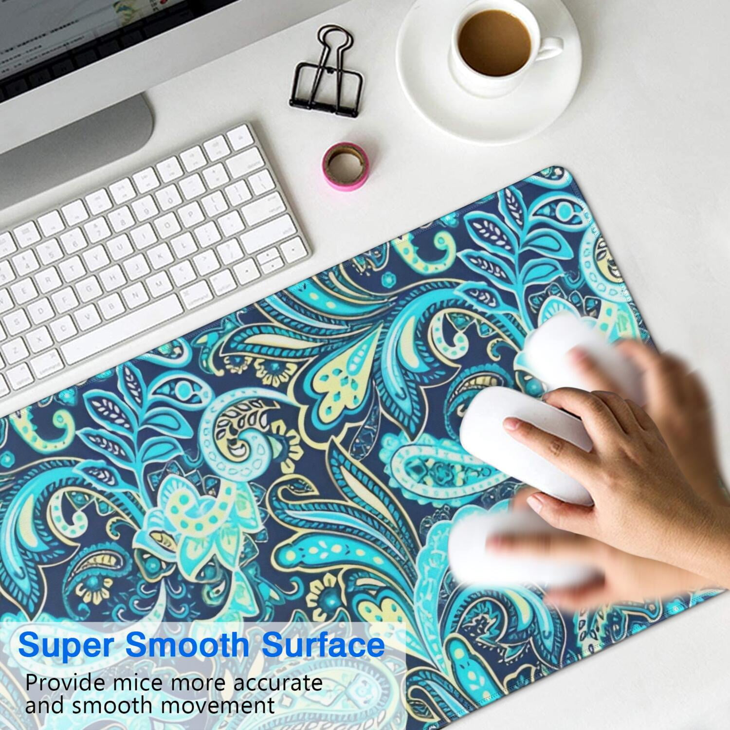 Long Mouse Pads for Desk,Blue Paisley and Floral Pattern Desk Mats on Top Of Desks, Desk Mouse Pad Extra Large with 3mm Non-Slip Base and Stitched Edge for Gaming,Office,Work,Home 31.5"x15.7"