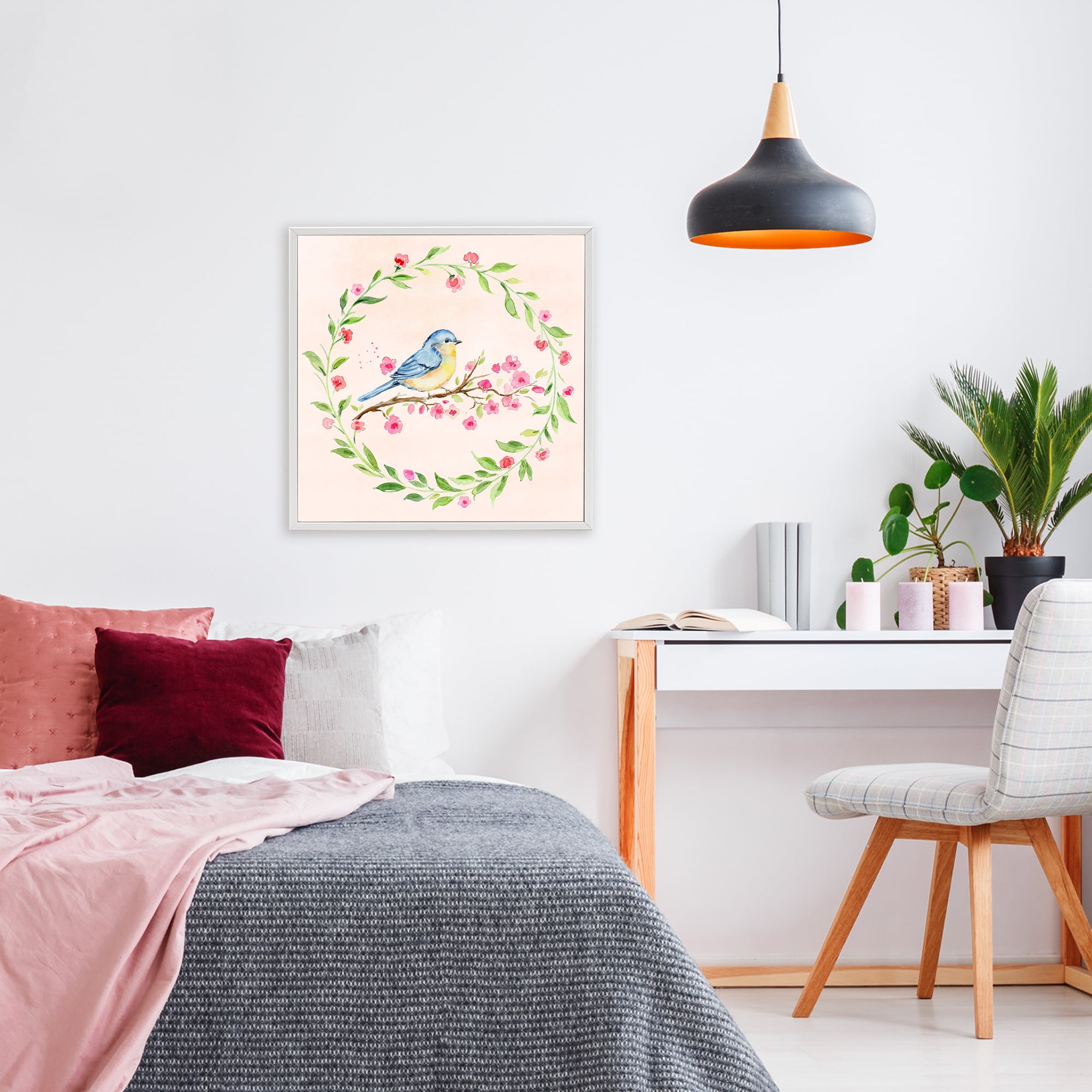 Spring Bird Wreath Perch White Framed Giclee Art, design by Elena Fay