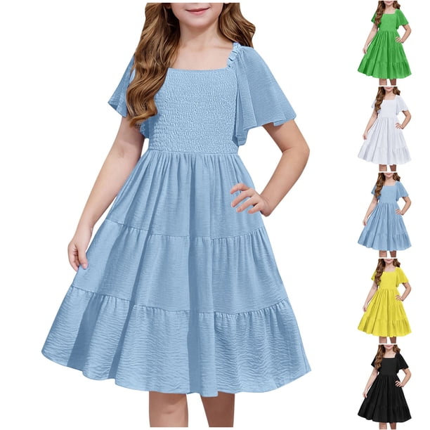 Teen Girls Dresses Summer Flutter Sleeve Smocked Dress Elegant A-Line Casual Sundress for Kids Ages 5-12 ,Sie:150