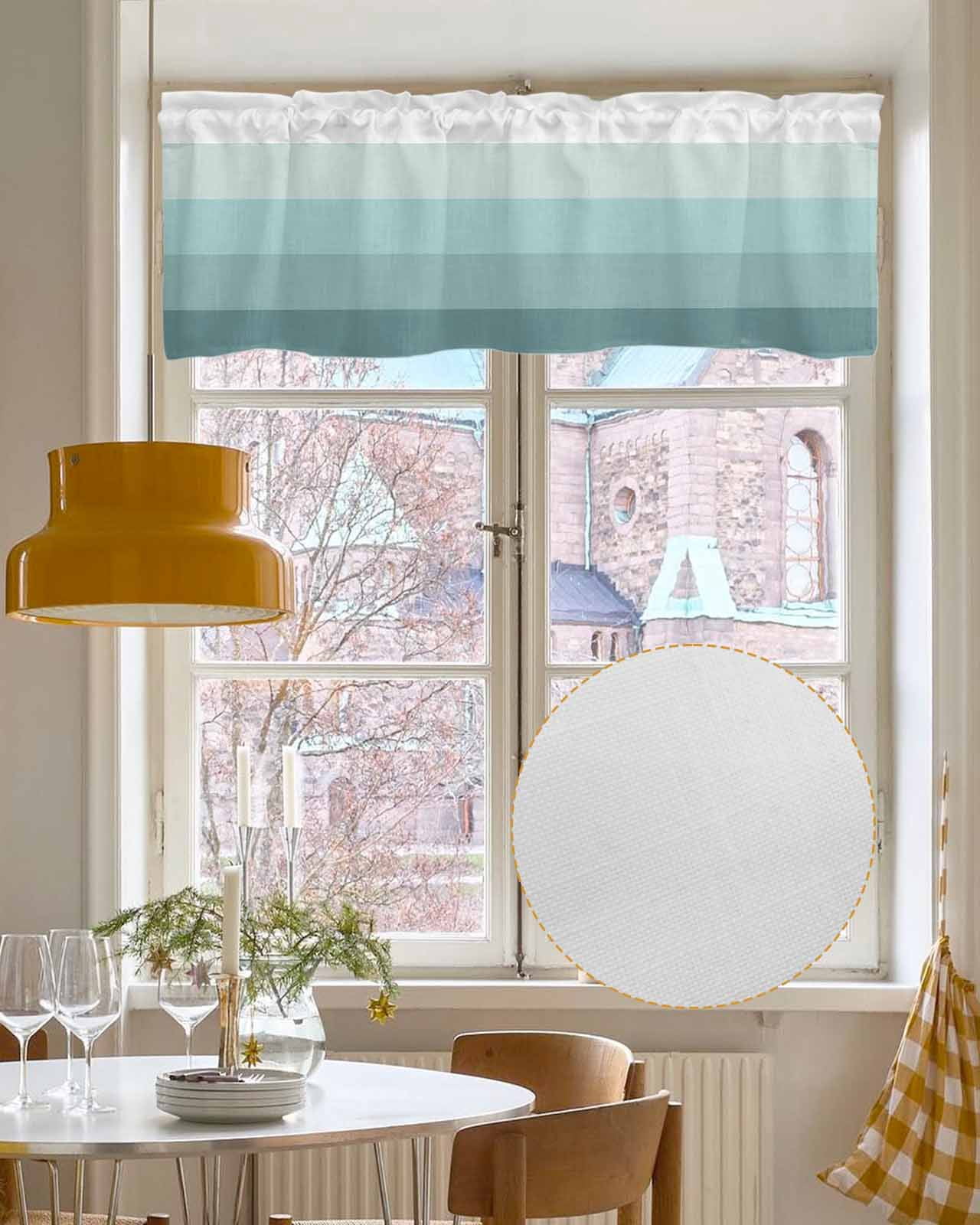 Teal Grey Linen Curtain Valance for Bedroom/Bathroom/Kitchen/Office/Living/Dining Room Window,Minimalist Geometric Turquoise Stripes Pocket Topper Drapes Decorative Cafe Drapery Panel 42"x18"