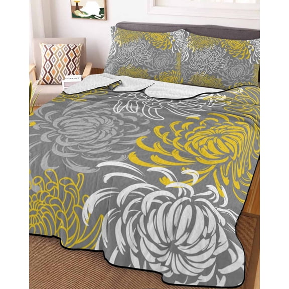 Yellow Gray Floral Full Size Down Alternative Comforter, Lightweight Comforter Quilt Bedding Set with Pillow Shams Farmhouse Retro Abstract Flowers Art All Seasons Bed Comforter Duvet Insert 78"x90"