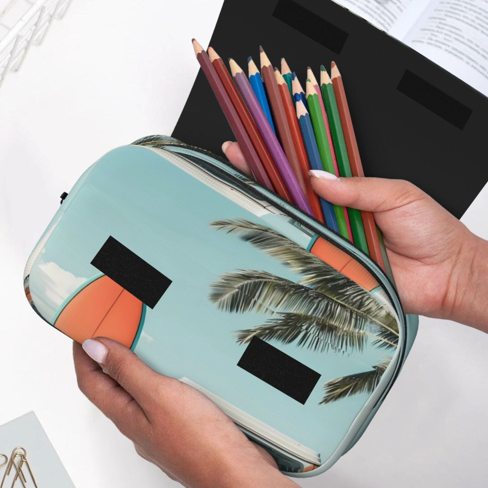 Rateoe Vintage Surf Van Beach Pattern Double Clamshell Pen Case, Storage Organizer with Two Zipper Compartments– Holds Up to 50 Pencils & Pens