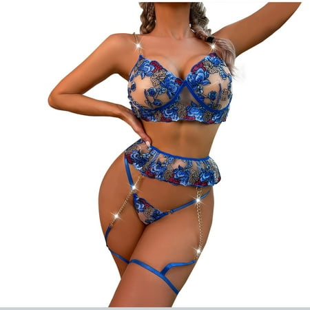 

EHTMSAK Women s Lace Lingerie Set with Garter Embroidery Babydoll Lingerie Sexy Teddy Bra and Panty Sets Blue S