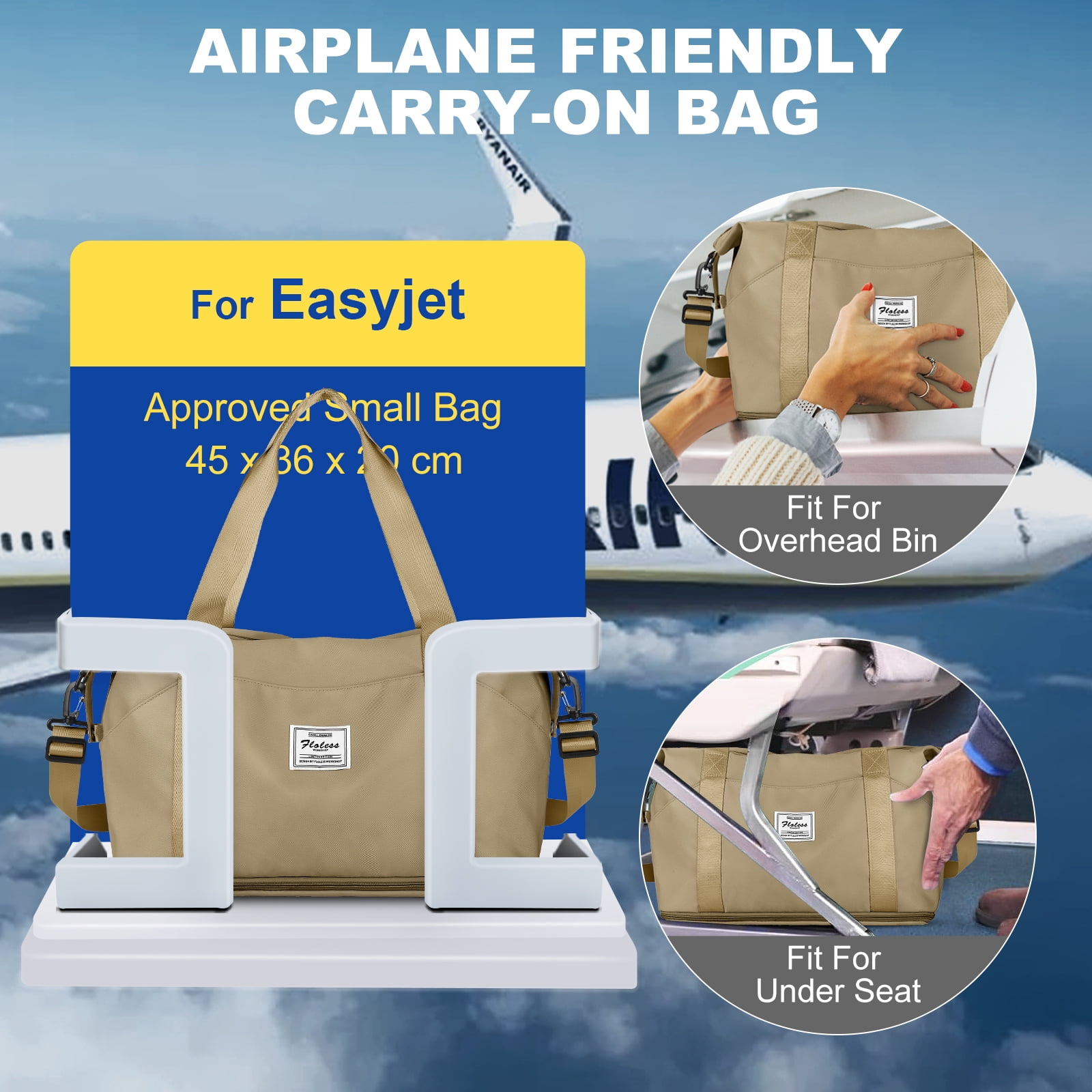 Travel Bag, Waterproof Duffel Gym Tote Bag, Weekender Carry On Overnight Bags for Women Men Approved Personal Item Bag for Airlines with Trolley Sleeve, Travel Duffel Bags, Khaki