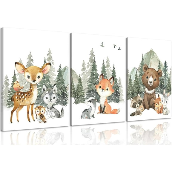 3Pcs Woodland Animal Nursery Canvas Wall Art Forest Adventure Theme Animals Picture Posters Wall Decor Cute Watercolor Deer Bear Fox Painting Print Artwork for Kids Baby Bedroom Decor 16x24in Und