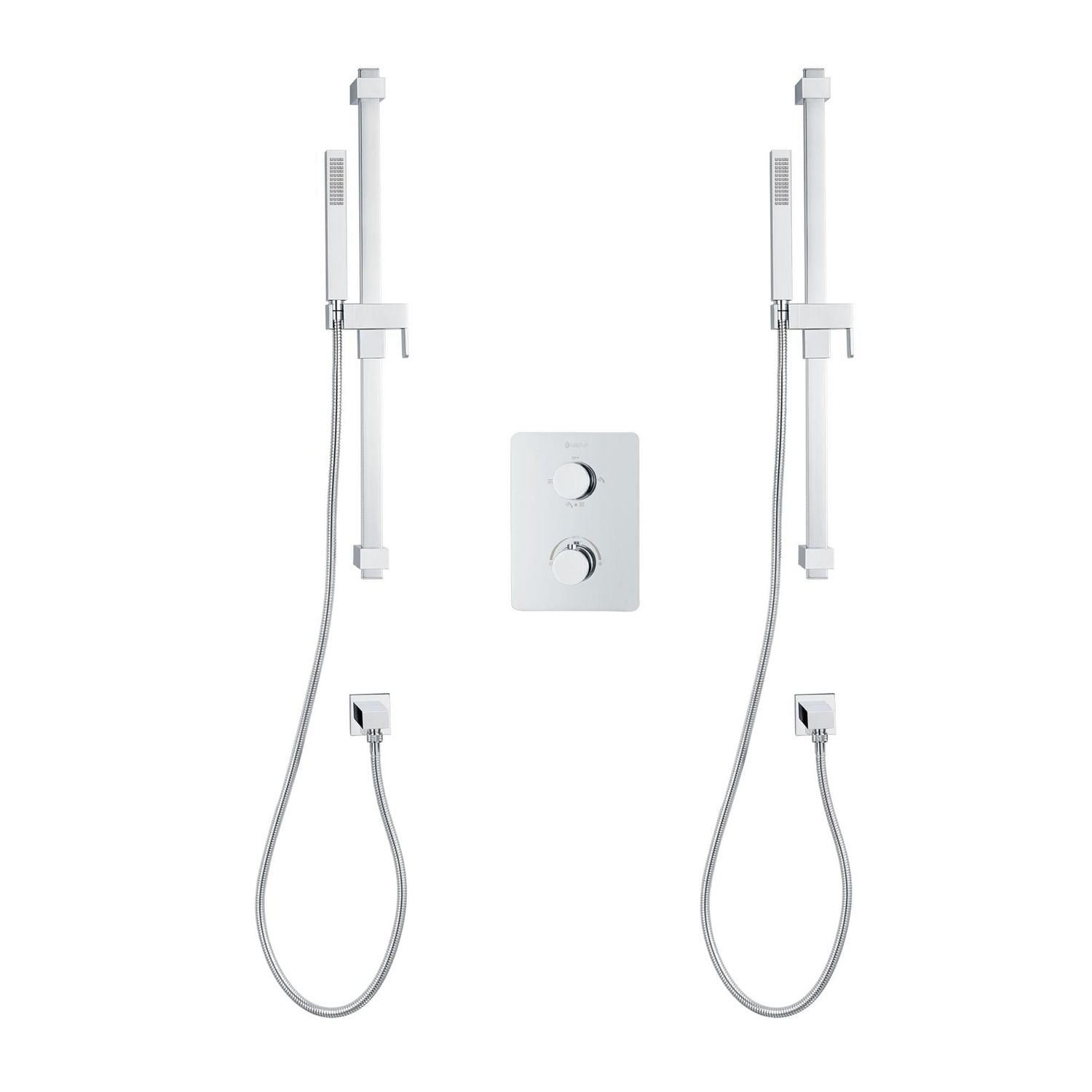 Ensemble de douche thermostatique carré d'akuaplus(MD) avec Déviateur 4 voies et avec arrêt, 2 douchettes, 2 barres de douche murals, Fini chrome