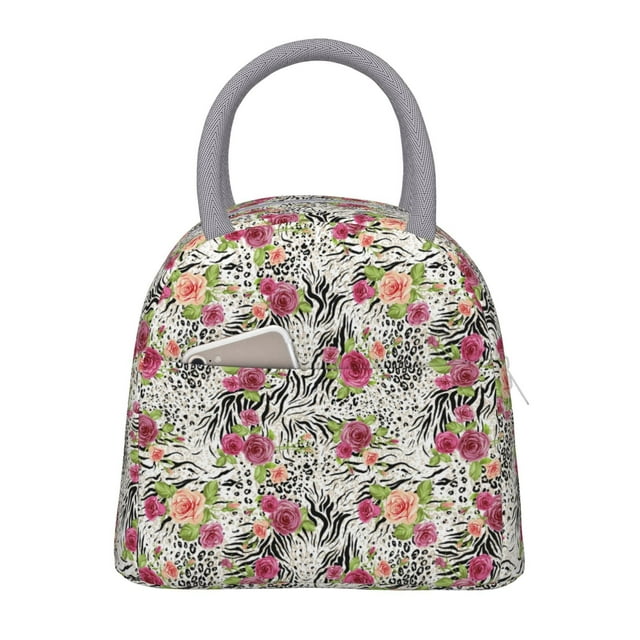 Lukts Roses Mixed Zebra for Large Portable Insulated Lunch Bag, Waterproof and Oil-proof Picnic Bag, Suitable for Students and Office Workers
