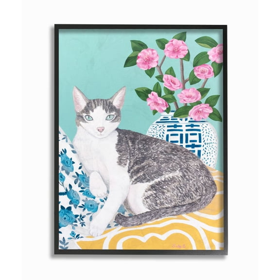 Stupell Industries Cat With Cushion And Vase Pastel Animal Painting Framed Wall Art by Sally B, 24" x 30", Black Framed