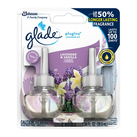 Glade PlugIns Scented Oil Refill Lavender & Vanilla, Essential Oil Infused Wall Plug In, Up to 100 Days of Continuous Fragrance, 1.34 oz, Pack of