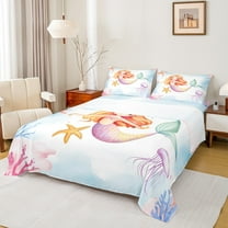 Feelyou Mermaid Princess Girls Twin Sheet Sets, Jellyfish Starfish Twin Fitted Sheet, Kawaii Ocean Sealife Flat Sheet, Lightweight Room Decor, 3pcs