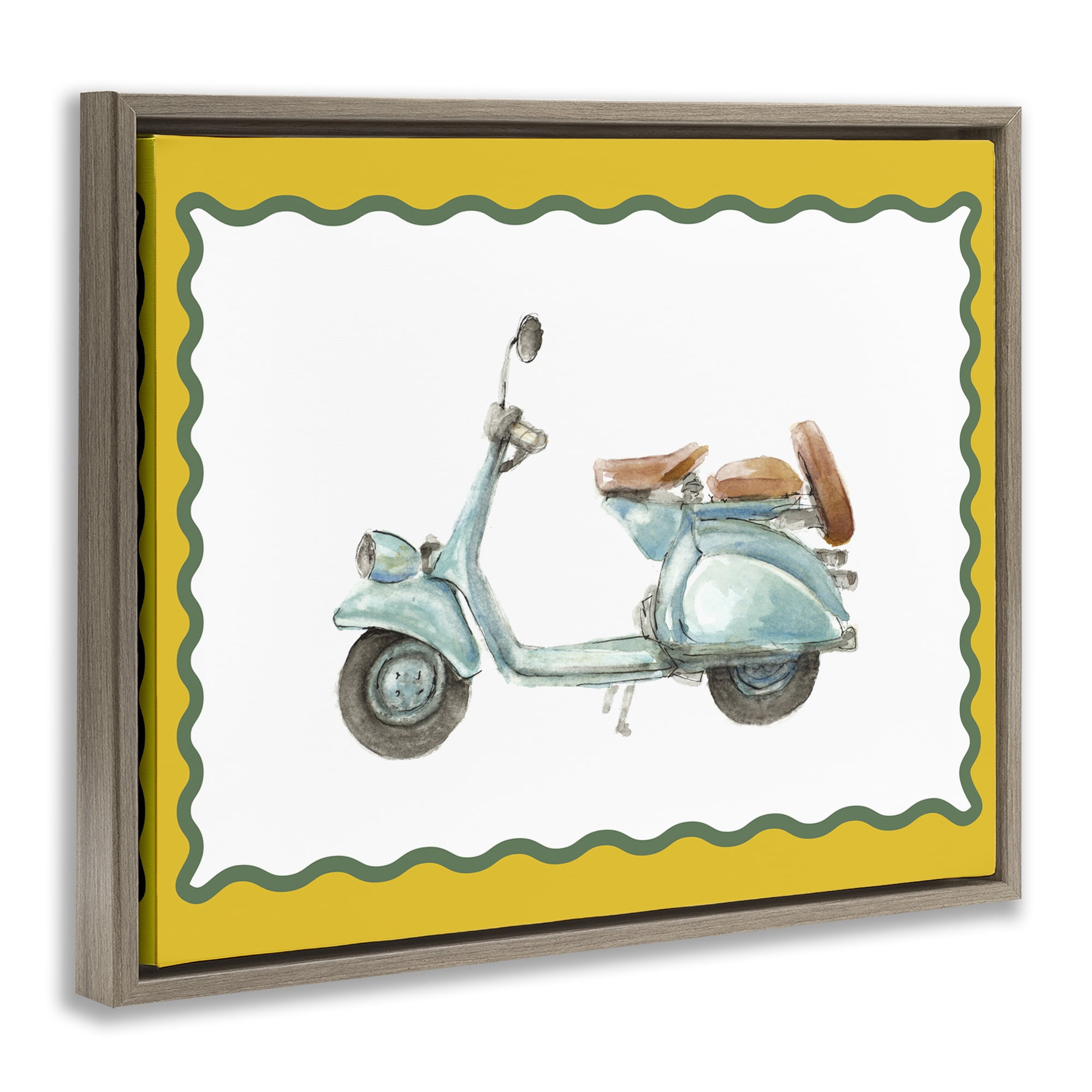 Stupell Industries Blue Vespa with Yellow Border Brown Framed Floater Canvas Wall Art, design by Lanie Loreth
