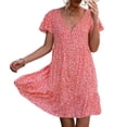 thumbnail image 1 of Vestido con cuello en V y estampado floral Vestido con dobladillo con volantes y botones delanteros de manga corta con vuelo para mujer Naranja Rojo M, 1 of 6