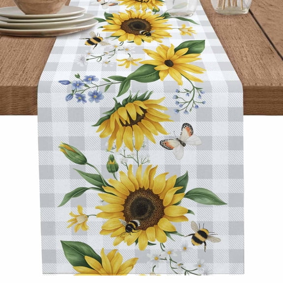 nqOlkjepod Sunflower Table Runner 48 Inches Long Farmhouse Dress Scarves, Botanical Floral Butterfly Bee Gray White Plaid Dining Tablerunner for Coffee Table/Kitchen Island/Party Décor, 13" x 48"
