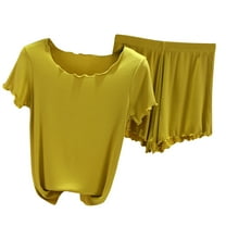 Scyoekwg 2 Piece Outfits For Women Summer Thin Loose Short Sleeve Tops Shorts Solid Color Casual Two-piece (Yellow,XXL)