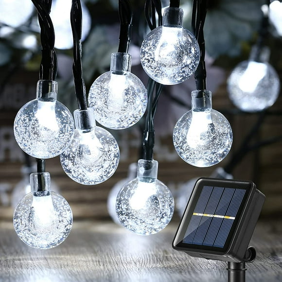 Solar String Lights Outdoor 39Ft 60 D Solar String Lights,8 Modes Waterproof Crystal Ball Lights Solar Fairy Patio Lights For Garden, Lawn, Porch, Yard, Gazebo, Bistro Decor(White)
