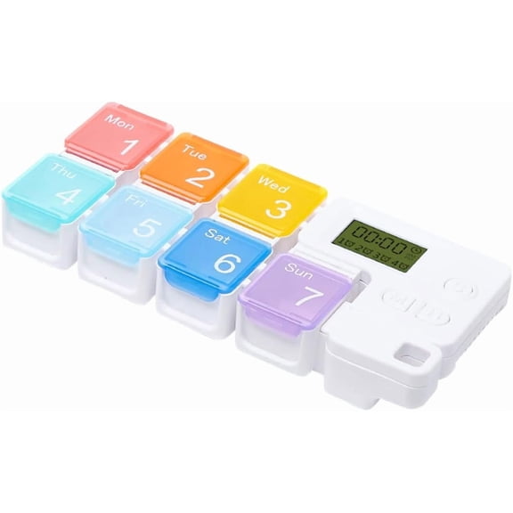 Weekly Colorful 7 Compartments Pill Organizer with Alarm Reminder Plastic Storage Case for Travel Home Daily Medication Management