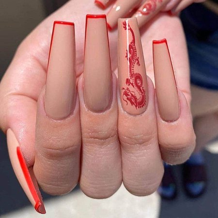 Eayy Extra Long Dragon Press On Nails Coffin Fake Nails Nude Full Cover Acrylic Red False Nails Tips Glossy Ballerina Clip On Nails For Women And Girls 24pcs 24 Piece Assortment
