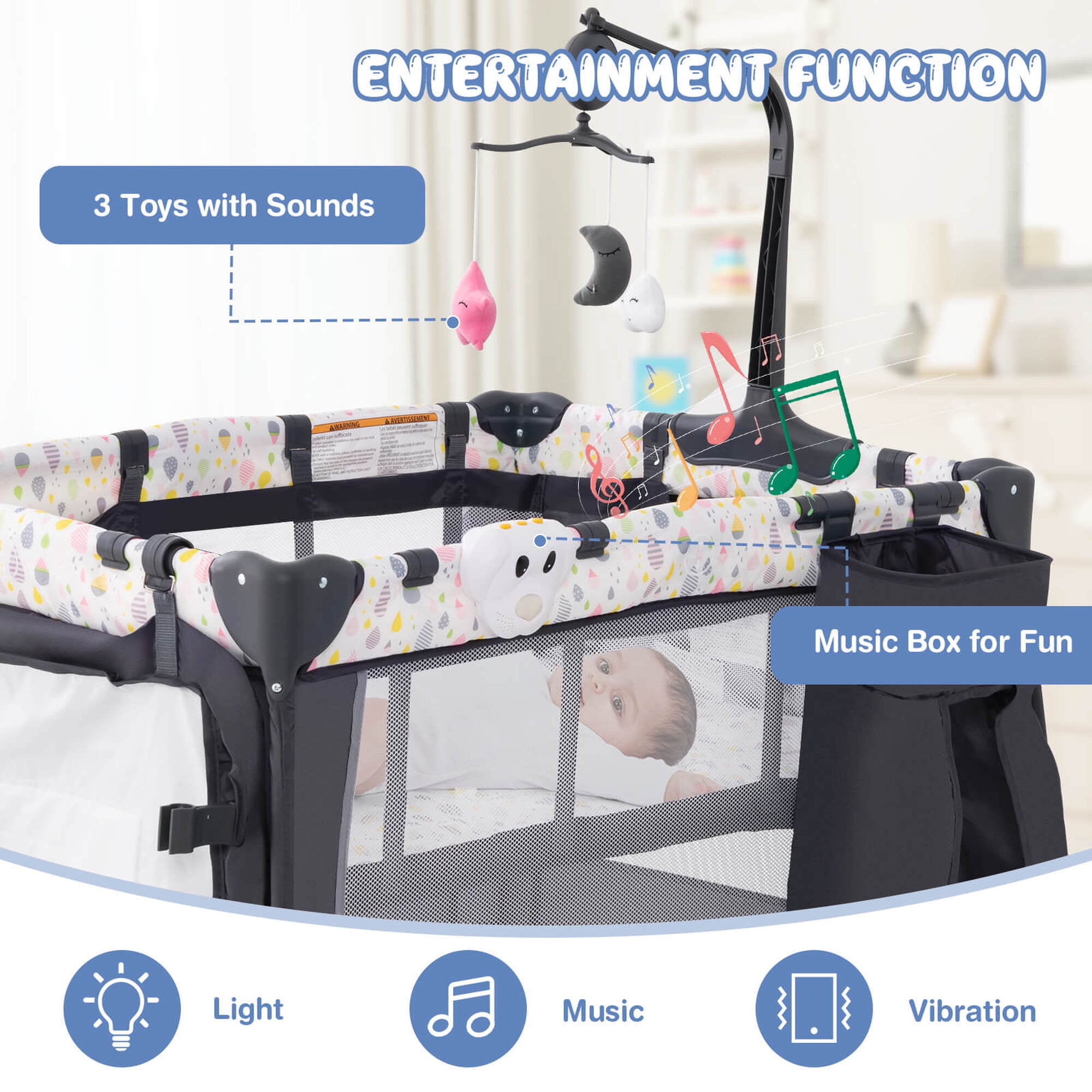 Costway Portable Baby Playard Nursery Center Crib Bassinet with Hanging Toys & Music Box Colorful
