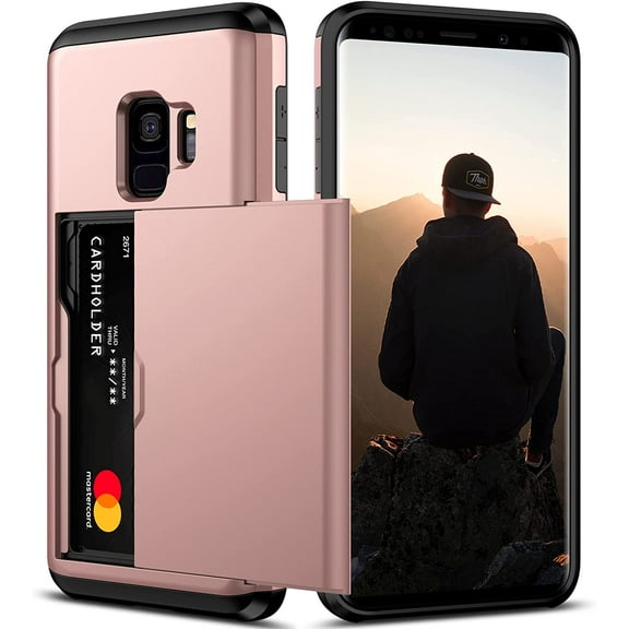 For Samsung S9 Case with Card Holder 5.8 inch Dual Layer Heavy Duty Protective Galaxy S9 Case Hidden Card Slot Slim Wallet Case for Samsung S9 for Women&Men(Rose Gold)