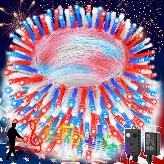 66FT 200LED Red White Blue Lights with Music Motion Sensor Controller, 4th of July Decorations String Light Plug in Indoor Outdoor Patriotic Light for Independence Day Memorial Day Decor