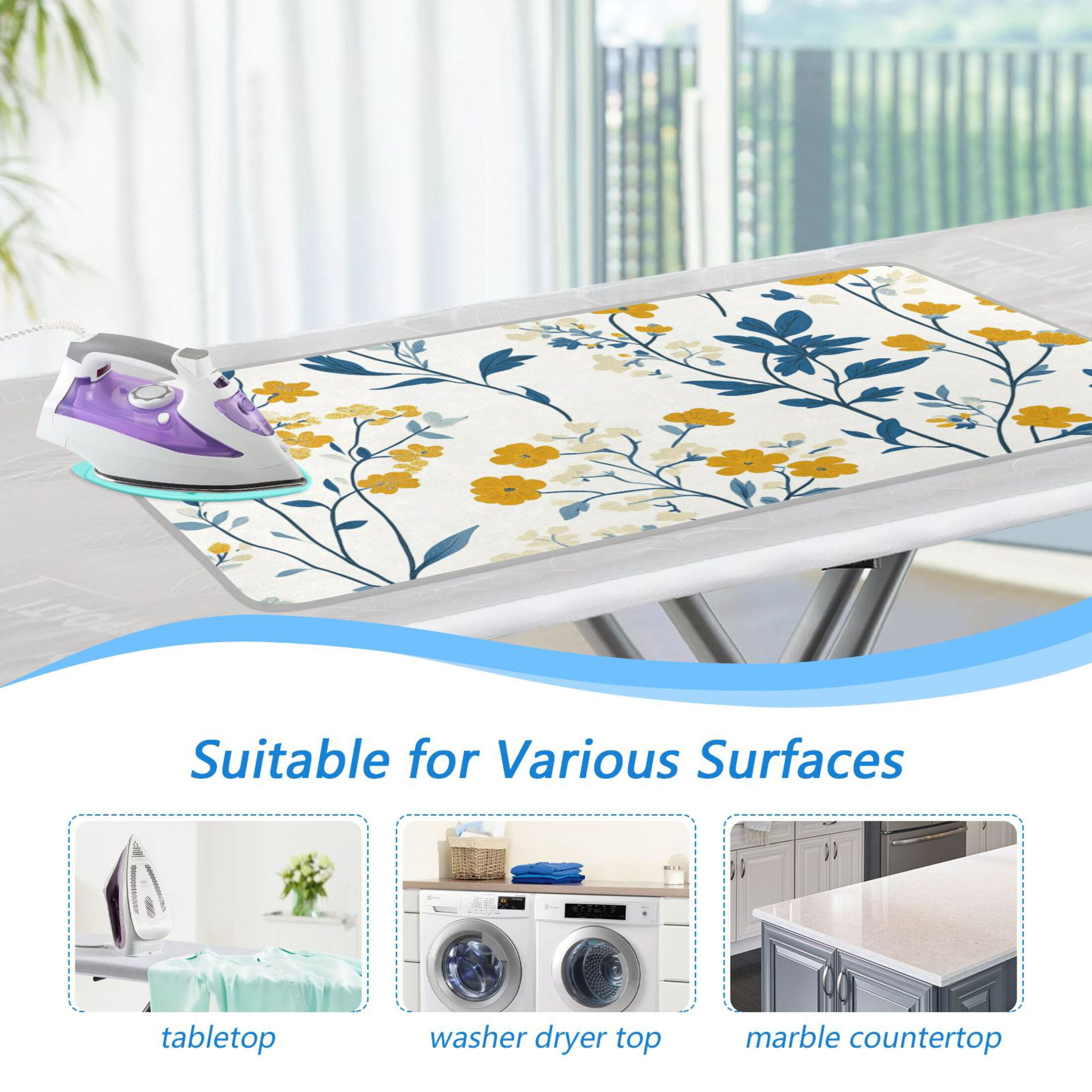 Yellow and White Tiny Florals Ironing Mat Blanket Portable Travel Ironing Pad Heat Resistant Pad 47.2" x 27.6”