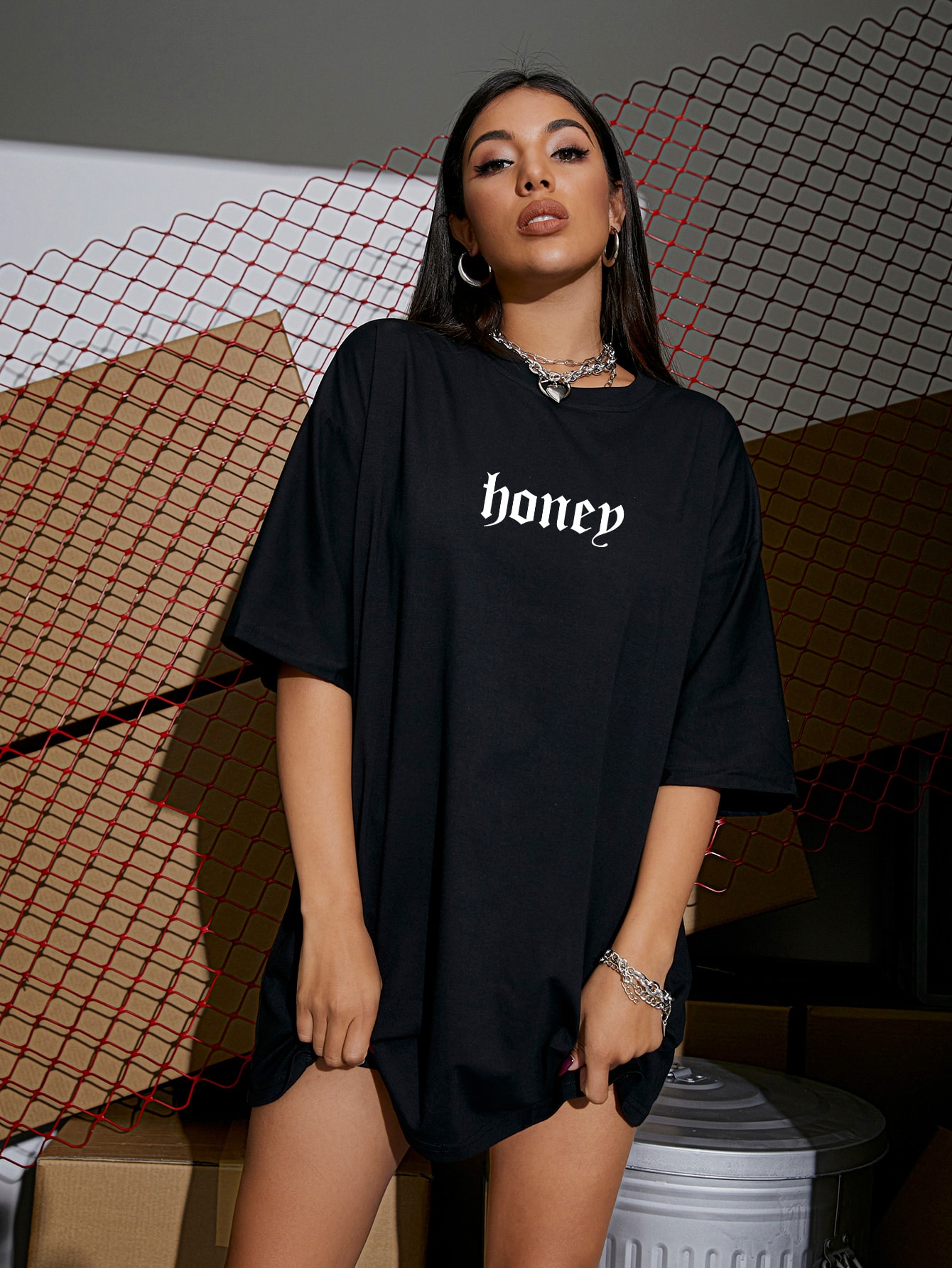 Black Letter Graphic Drop Shoulder 