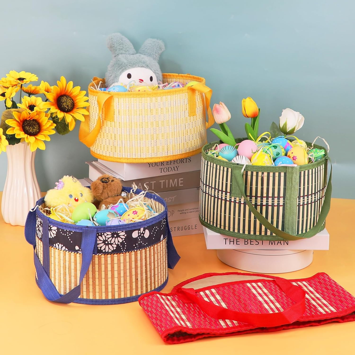 Foldable Easter Woven Bamboo Baskets Empty, 4 Pcs Easter Basket Bulk Set with Handle, Large Easter Baskets for Easter Egg Hunt Party Favor Picnic Supplies Gift Packing - Red Yellow Green Blue