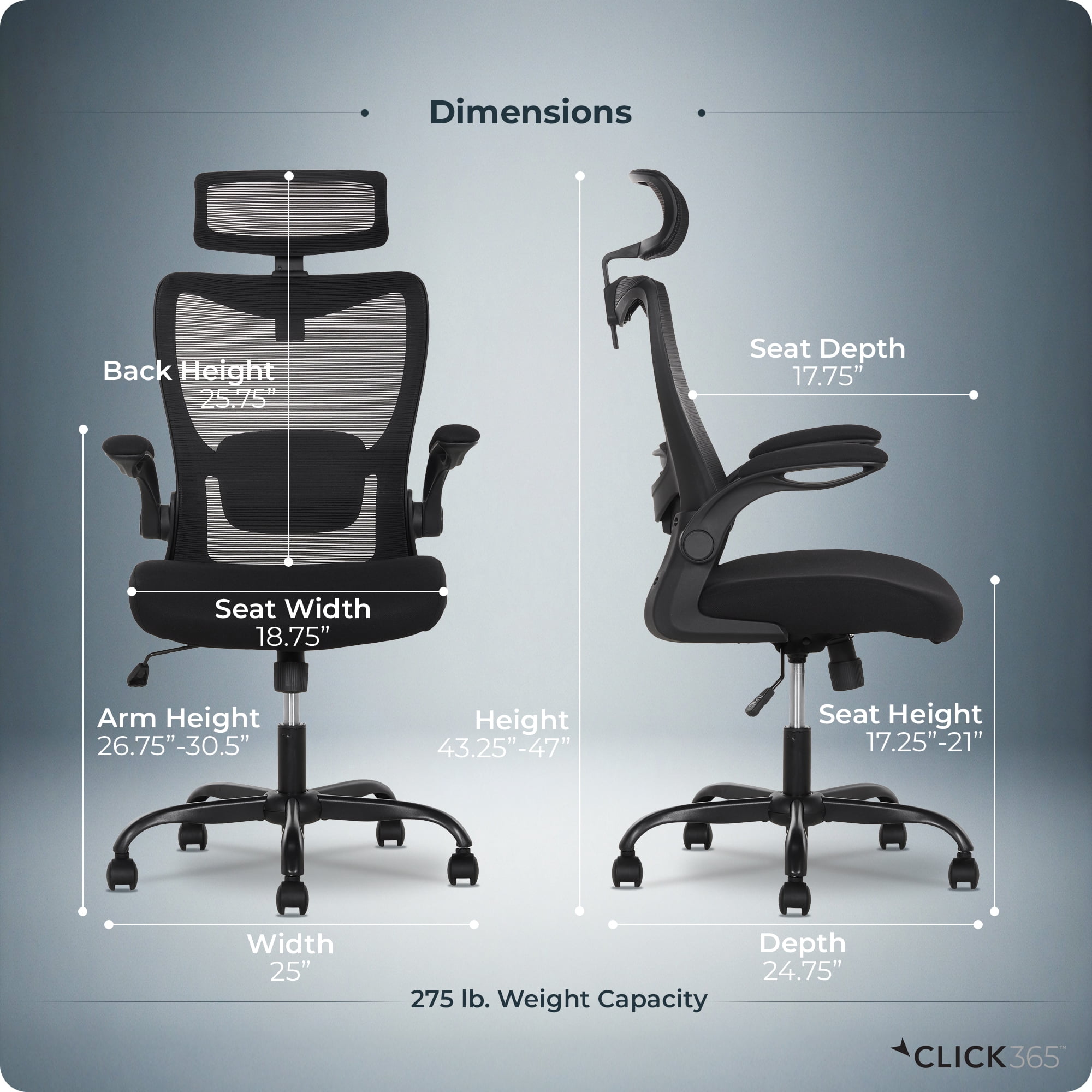 Click365 Adult Mesh High Back Indoor Residential Ergonomic and Adjustable Headrest Office Chairs, Hardware Kit, Black