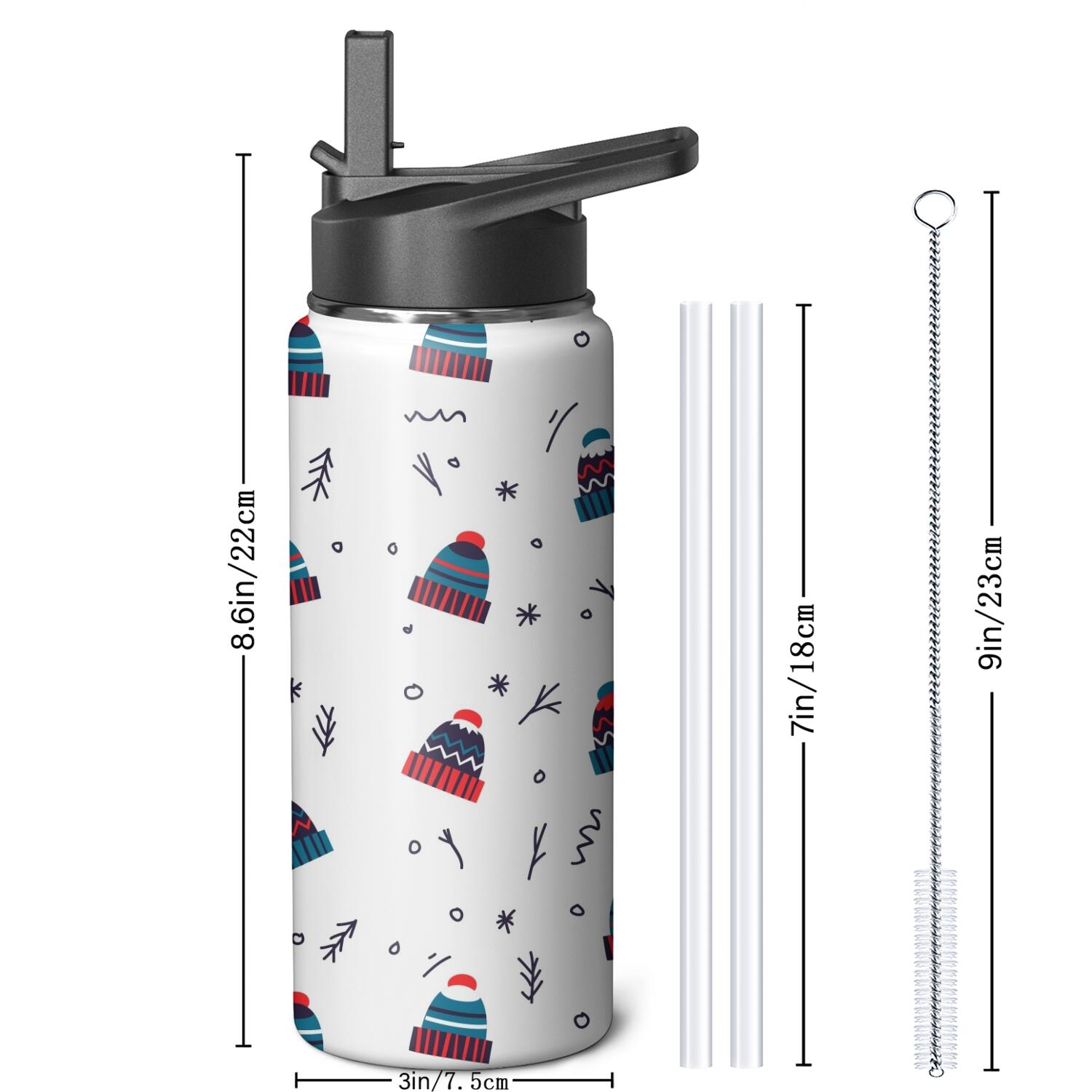 Christmas 18 oz Insulated Stainless Steel Water Bottle with Straw & Cleaning Brush , Leakproof, BPA-Free, 304 Stainless Steel, Wide Mouth, Travel Mug for Car, Gym, Office