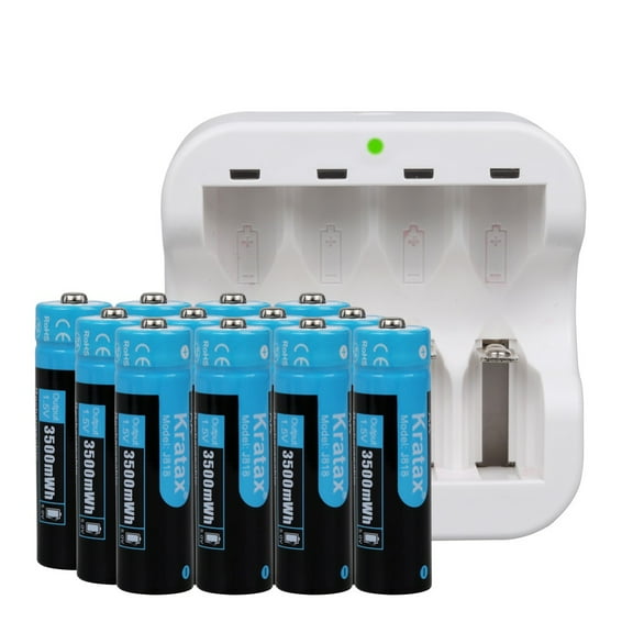 Kratax Lithium Batteries AA, 1.5v 3500mWh Rechargeable Lithium-Ion AA Batteries with Charger 12-Pack
