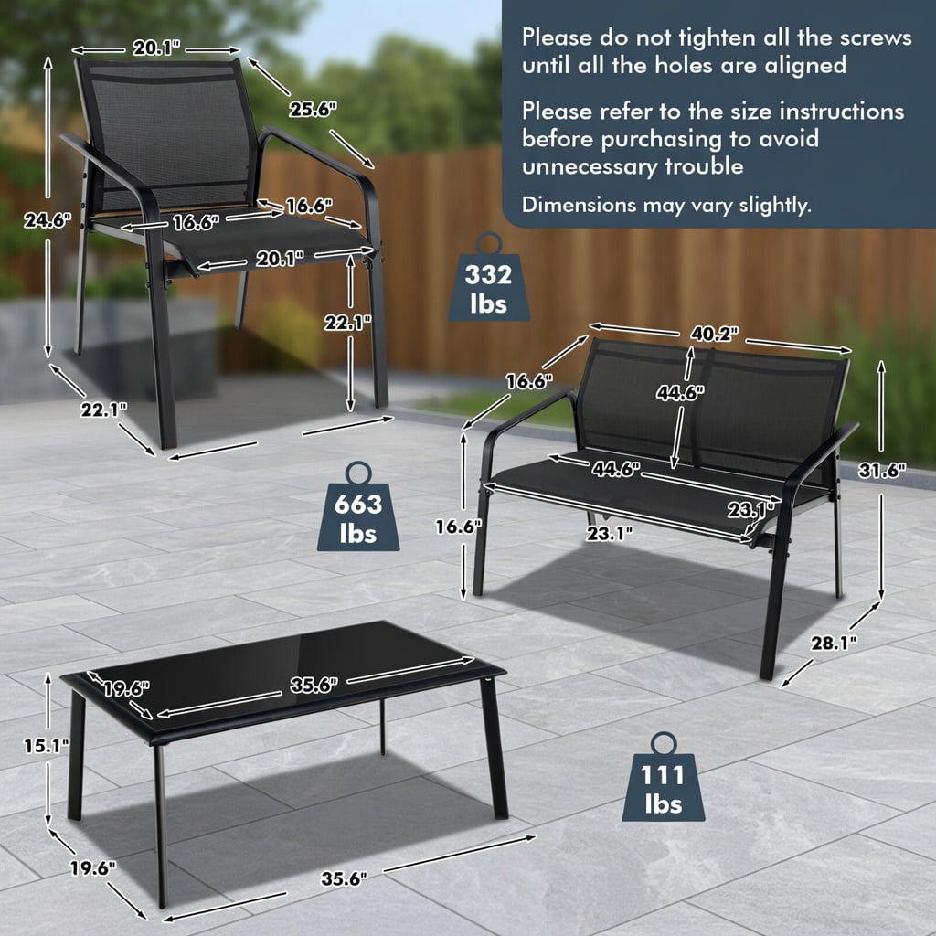 Hommoo 4-Piece Modern Patio Furniture Set, Steel Frame Outdoor Loveseat, 2 Armchairs + Tempered Glass Table, Weather-Resistant, Easy Assembly, Black