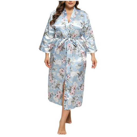 TFEOQRY Night Robe for Women Large Loose Flower Printed Loungewear Nightgown Long Sleeved Sleepwear Pajamas Robe Light Blue