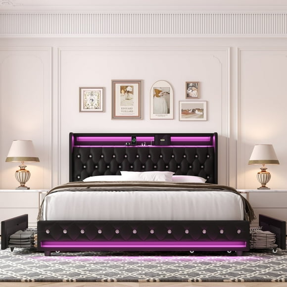 Homfa Cadre de Lit Format Grand avec 4 Tiroirs de Rangement, Cadre de Lit Plateforme Moderne à Ailes en Cuir PU avec Boutons en Cristal, Rembourré, avec Prises et Ports USB et Plateforme d'Affichage, Noir
