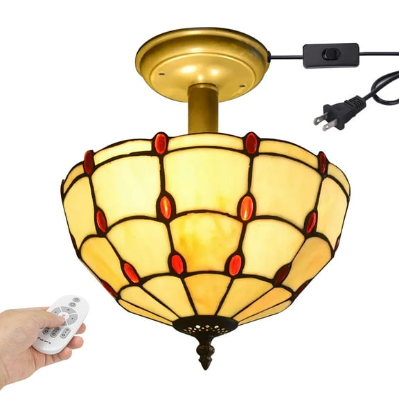 Kiven 11.8in Plug-in Flush Mount Ceiling Light Fixture, 2-Light Anti Glare Close to Ceiling Light with 15FT Cord, Tiffany-Style Glass Chandelier Dimmable for Bedroom Kitchen Hallway(No.3185)