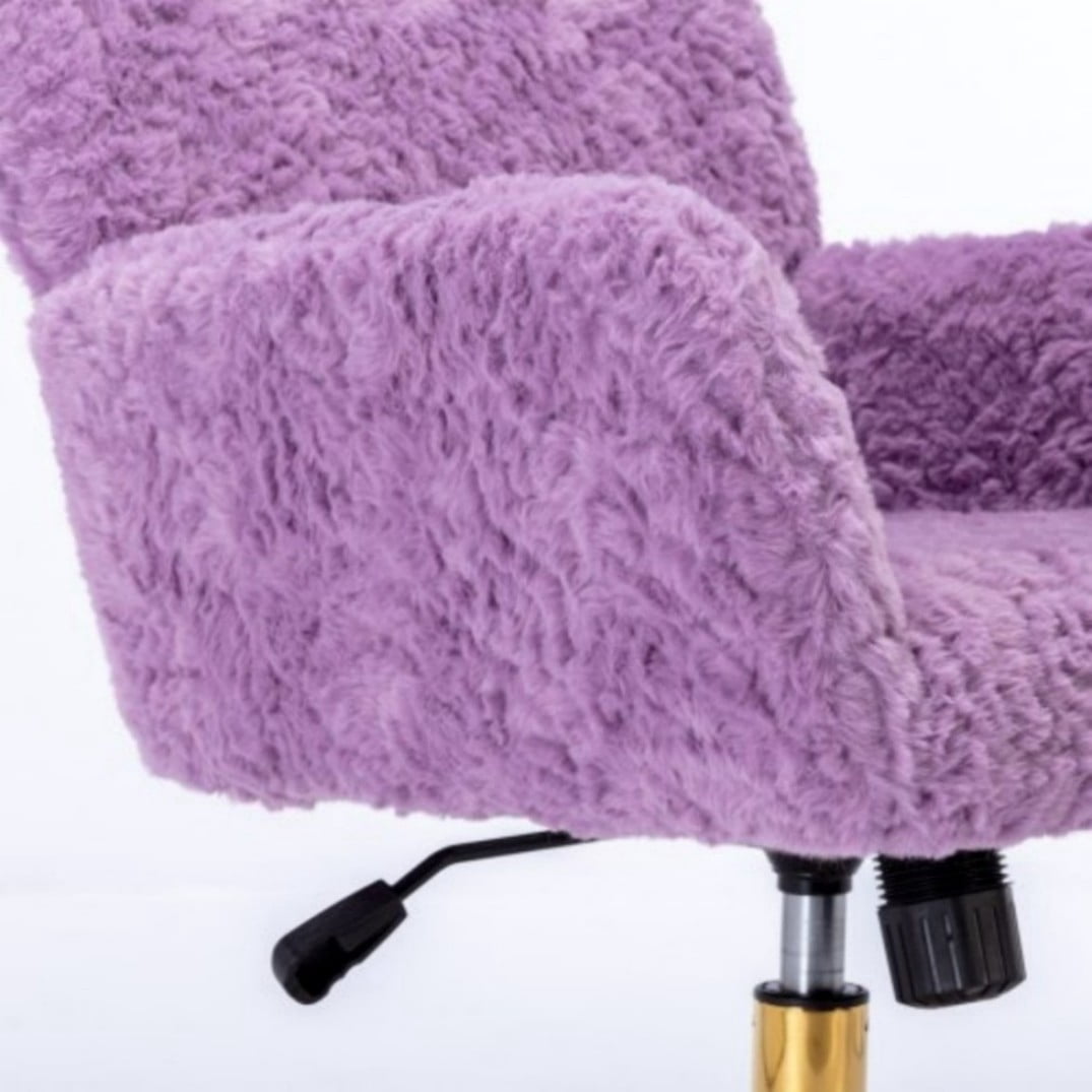 Office Chair, Faux Rabbit Fur Home Office Desk Chair with Golden Metal Base, Adjustable Height, 360° Swivel Reclining Vanity Chair, Violet