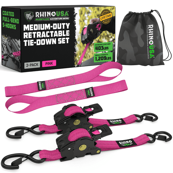 Rhino USA Retractable Ratchet Straps (2-Pack) - 1 Inch x 10 Feet (1,209lb Break Strength) - Auto Self Retracting Tie Down Straps for Truck, Cargo Trailer, Motorcycle, ATV, UTV - Pink