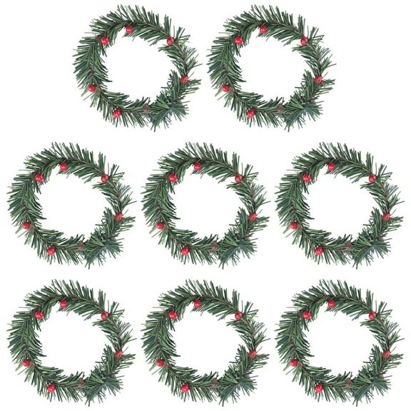 8 PCS Holly Berry Candle Ring Small Artificial Red Berries Pine Needles Wreath for Christmas Garland
