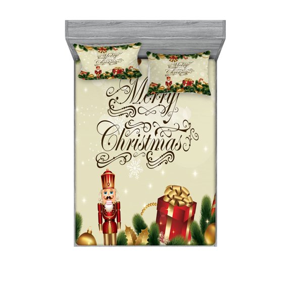 Ambesonne Christmas Fitted Sheet & Pillow Sham Set, Noel Ribbons, Full, Multicolor