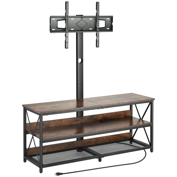 48 Inch TV Stand with Mount for 75 Inch TVs Entertainment Center with Power Outlet Height Adjustable TV Console with 3 Tier Open Storage Cabinets for Living Room Bedroom Brown