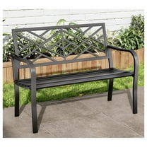 43.7 Inches Outdoor Garden , Cast Iron Metal Frame Patio Park Outside es with Geometric Pattern Backrest for Front Porch, Black