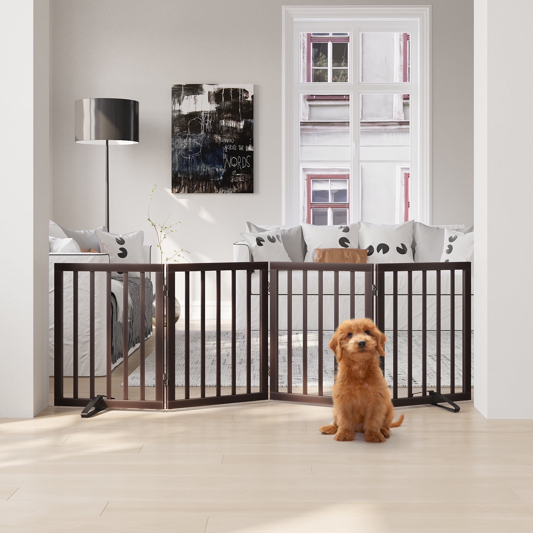 Smuxee Bamboo Freestanding Pet Gate Foldable Dog Gate with Support Feet, Brown, 4 Panel