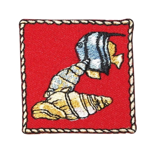 ID 0277 Seashell & Fish Emblem Patch Sea Life Embroidered Iron On Badge Applique