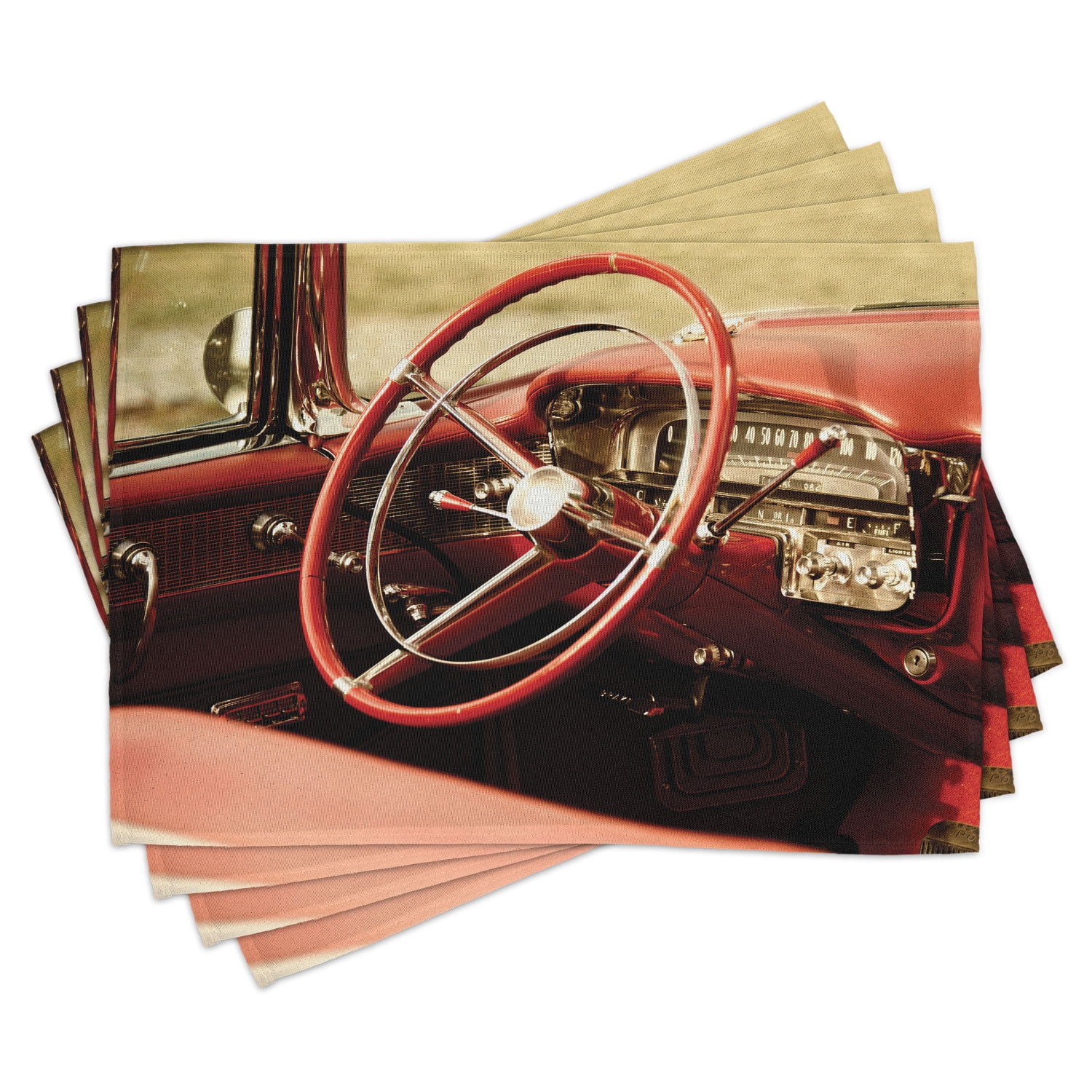 Cars Placemats Set of 4 Interior of an Antique Classic Aged Car Exquisite Control Board Details Retro Picture, Washable Fabric Place Mats for Dining Room Kitchen Table Decor,Red Silver, by Ambesonne
