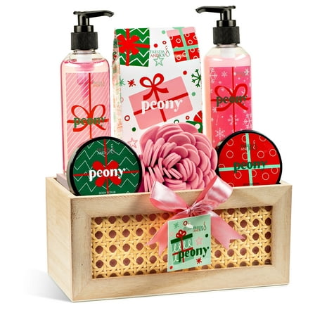Pink Peony Bath and Body Gift Set for Women and Men, Includes Shower Gel, Body Lotion, Body Scrub, Bath Salts, Spa Basket, Luxury Self-Care Kit