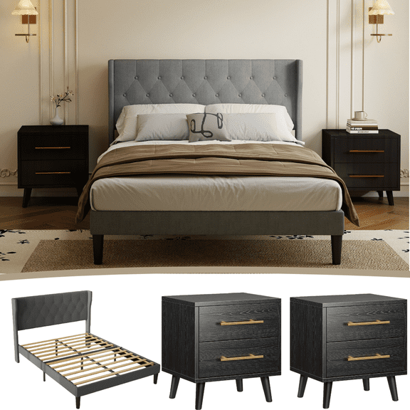 Noelse 3-Piece Bedroom Furniture Set, Full Size Bed Frame with Upholstered Headboard & 2 Nightstands, Under Bed Storage, Noise-Free, Gray and Black