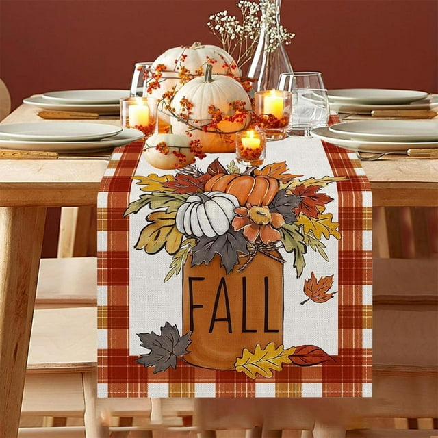 Feltree Thanksgiving Table Flag with Maple Leaf Pumpkin Turkey Design for Holiday Party Decoration 13x72in Durable Polyester Easy Clean