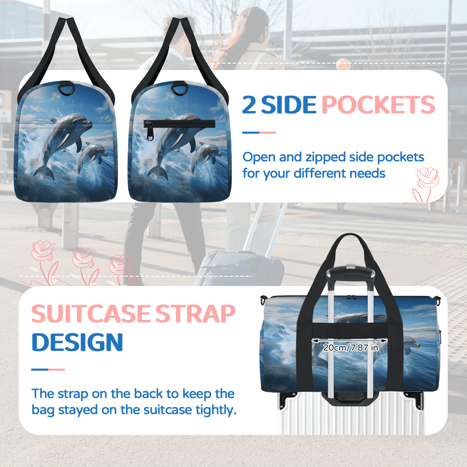 Herdesigns Ocean Dolphin Gym Bag for Women, Duffle Bag for Travel Sport, Lightweight Waterproof Carry on Weekender Overnight Dance Yoga Workout Bags