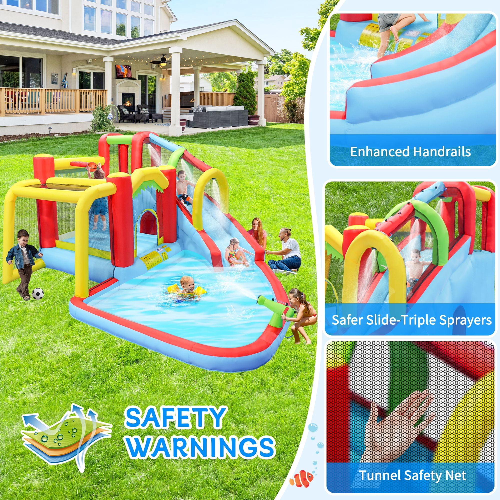 7 In 1 Inflatable Slide Water Park Bouncing House Outdoor Soccer Garden Bouncer With Splash Pool & Water Gun & Climbing Wall & Basketball & Football