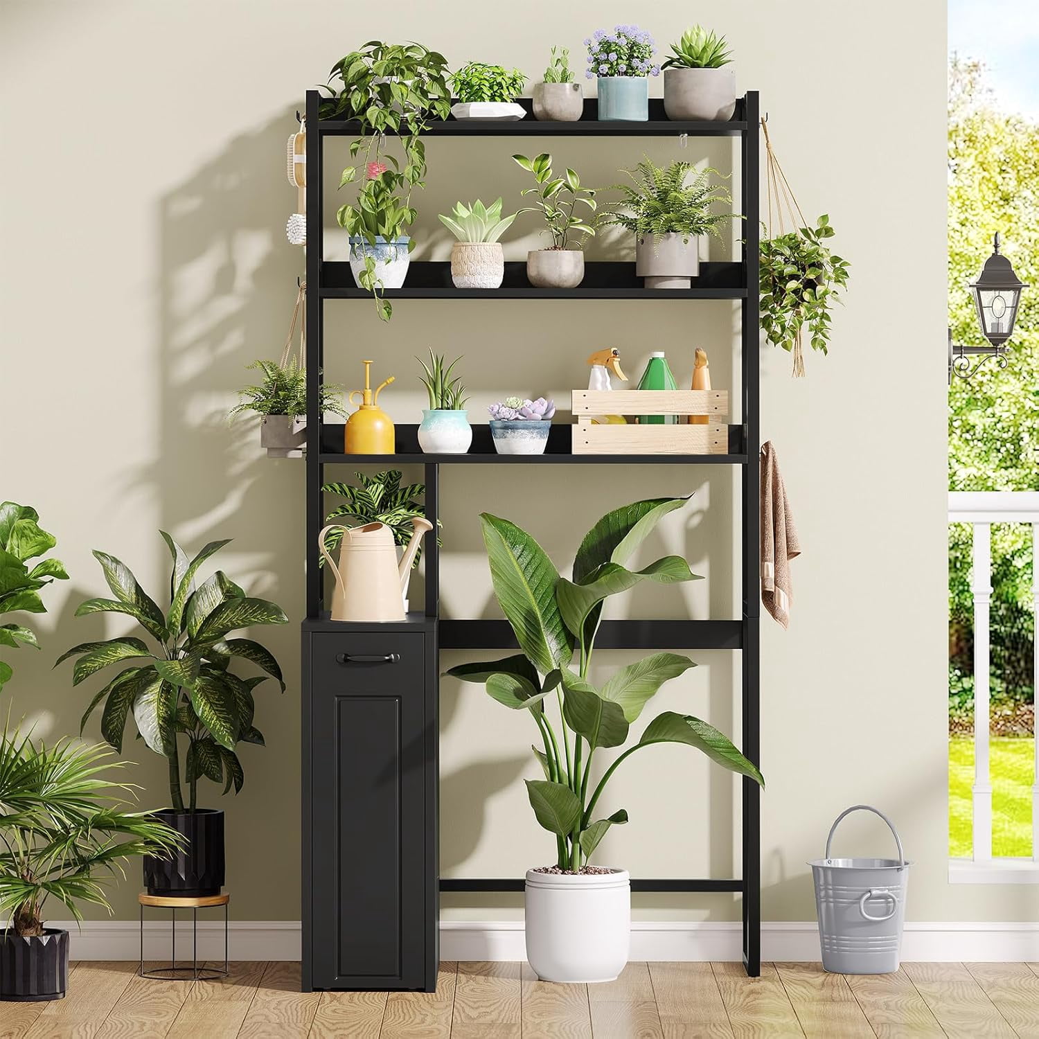 Weiplehoom Over the Toilet Storage Cabinet with Wheeled Drawer Trolley & 3-tier Open Shelves, Bathroom Organizer with 6 Hooks, Storage Rack for Restroom, Bathroom, Laundry, Plant Stand, Black