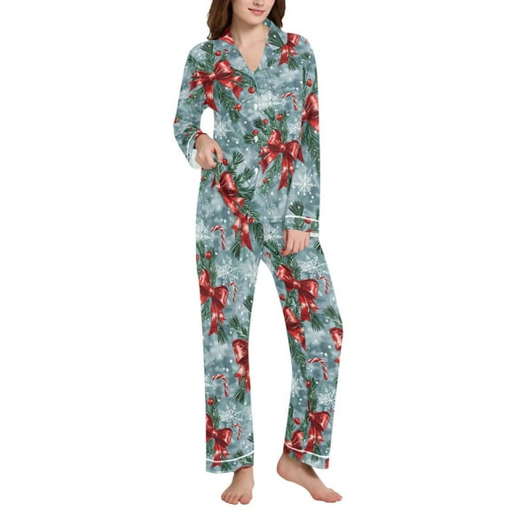 joogoo Pajamas Set for Women Christmas Berry with Bow Long Sleeve Pjs Loungewear L